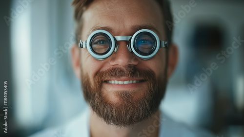 Happy male optician wearing eye test glasses, smiling confidently in bright office. His enthusiasm for eye care is evident, creating welcoming atmosphere