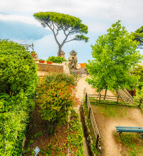 Coastline in southern Italy, vertiginous cliffs adorned with colorful villages, turquoise waters. Villa Rufolo in Ravello on Amalfi Coast in Italy. photo