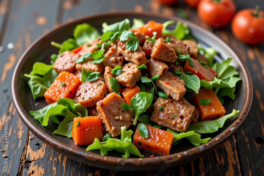 Delicious Spicy Asian Style Salad with Sweet Potato and Tempeh Cubes Delicious Spicy Asian Style Salad with Sweet Potato and Tempeh Cubes
