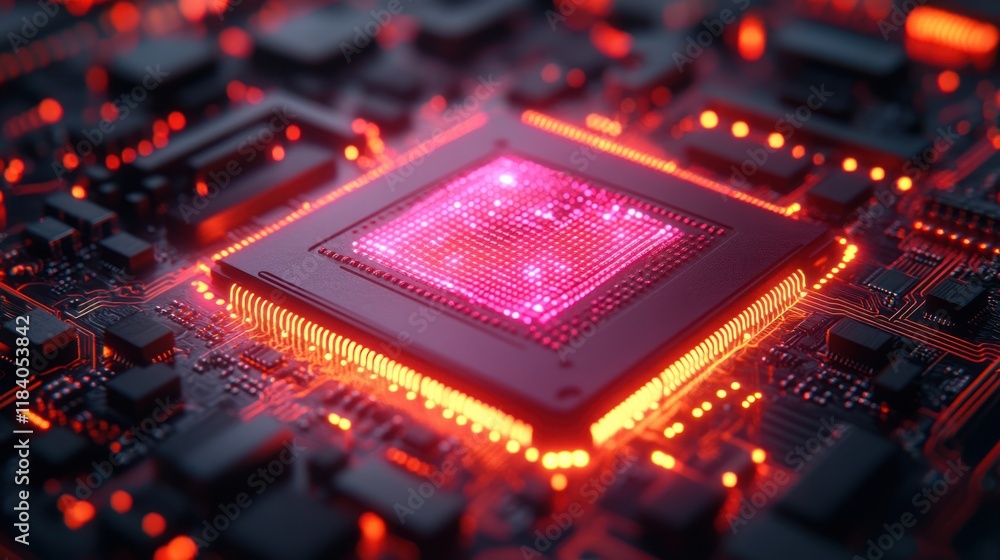 Fototapeta premium Glowing CPU processing data on circuit board
