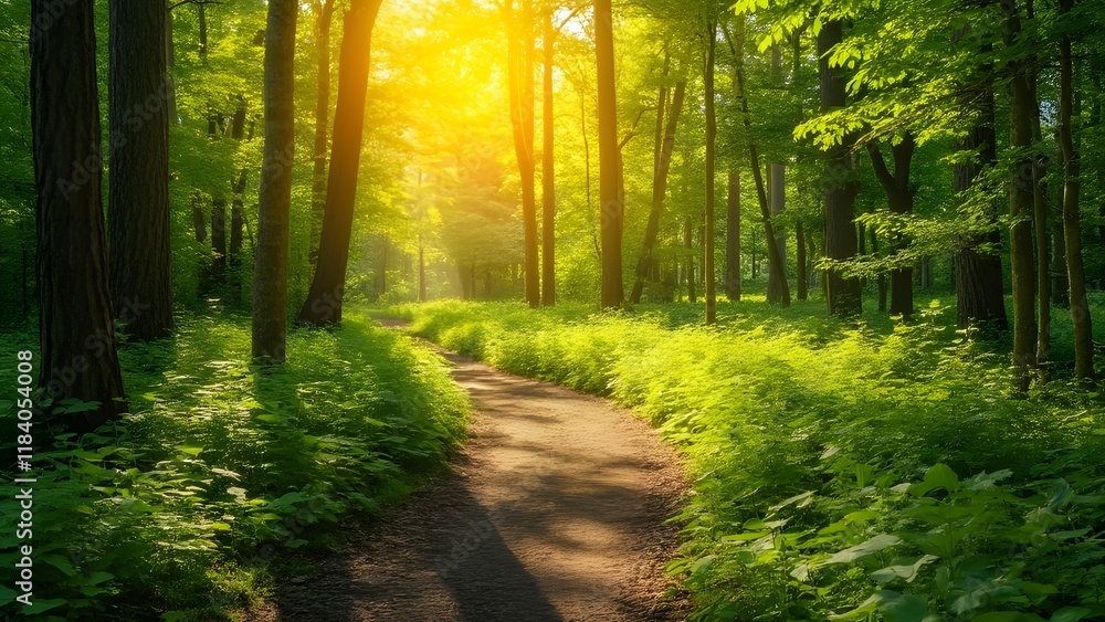 Fototapeta premium Sunlit Forest Path, Vibrant Green Nature Trail, Yellow Sunlight Streaming Through Lush Trees