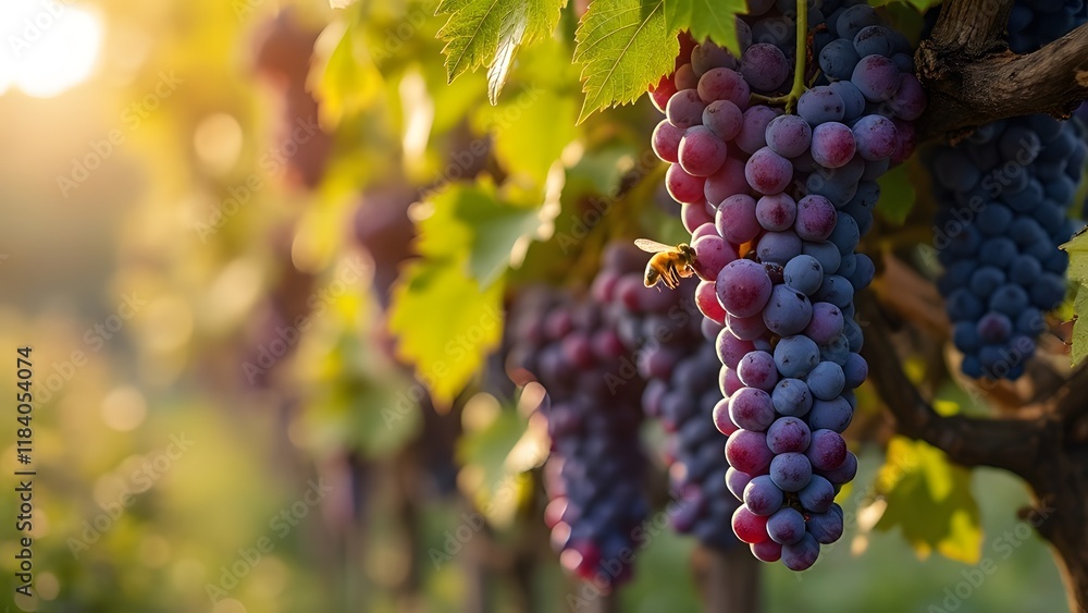 Naklejka premium Lush Concord Grapes Hanging from Vine, Sun-Drenched Vineyard Scene with Bee