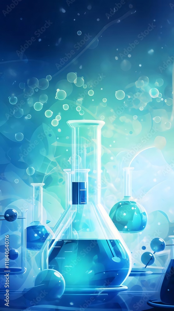 Lab glassware, blue liquid, science background, research. Lab glassware, blue liquid, science background, research.