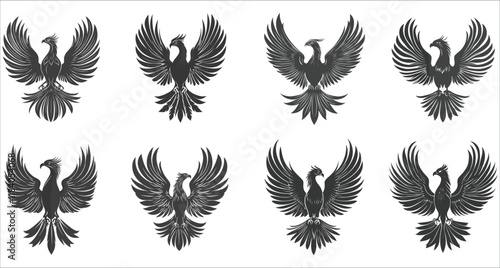 Flying phoenix fire bird silhouettes vector, Flaming phoenix icon silhouettes, Set of fire phoenix flying silhouettes, Abstract phoenix fire bird icons, Phoenix bird vector silhouettes symbol
