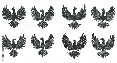 Flying phoenix fire bird silhouettes vector, Flaming phoenix icon silhouettes, Set of fire phoenix flying silhouettes, Abstract phoenix fire bird icons, Phoenix bird vector silhouettes symbol