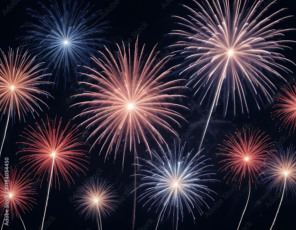 Fireworks bursting in the night sky on New Year's Eve. Fireworks bursting in the night sky on New Year's Eve.