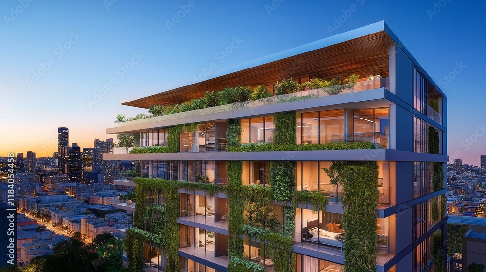 Urban Oasis: Modern Apartment Building with Rooftop Garden and Vertical Greenery in Eco-Friendly Design Urban Oasis: Modern Apartment Building with Rooftop Garden and Vertical Greenery in Eco-Friendly Design
