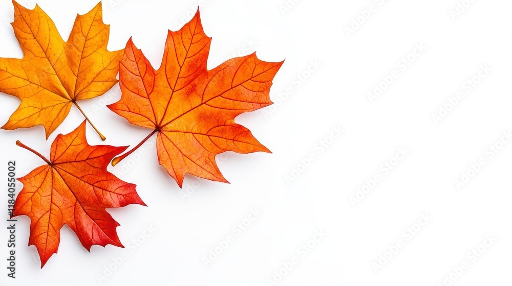 Fototapeta premium A photostock of vibrant autumn leaves in fiery orange and red hues, falling gently against a clean white background, perfect for seasonal designs. High Quality