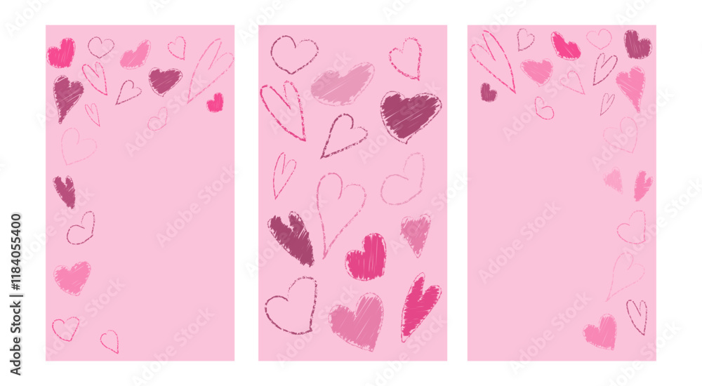 Vertical crayon heart pattern hand drawn with pastel. Valentine story banner. Abstract love frame with charcoal material scribble. 14 February lipstick texture background draw set. Chalk stroke Vertical crayon heart pattern hand drawn with pastel. Valentine story banner. Abstract love frame with charcoal material scribble. 14 February lipstick texture background draw set. Chalk stroke
