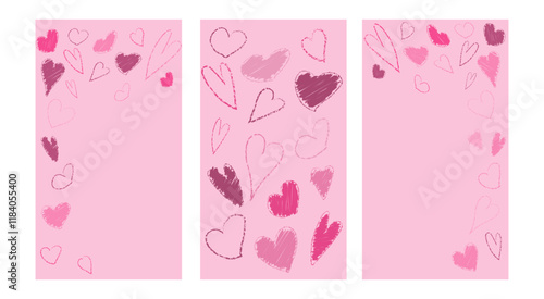 Vertical crayon heart pattern hand drawn with pastel. Valentine story banner. Abstract love frame with charcoal material scribble. 14 February lipstick texture background draw set. Chalk stroke