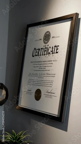 A framed certificate on a sleek wall with minimalistic decor, modern professional tone, medium shot. Business credentials, professional accomplishment, or corporate branding in office setting.
