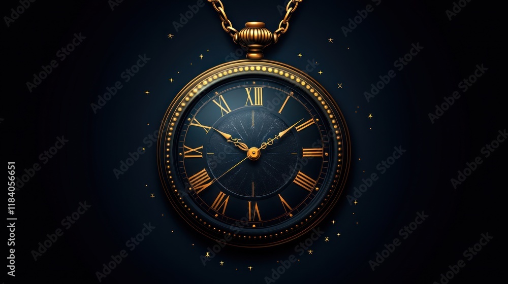 Antique pocket watch, midnight, dark background, gold accents, New Year's Eve Antique pocket watch, midnight, dark background, gold accents, New Year's Eve