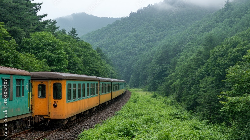 Fototapeta premium Vintage train traveling through a lush green mountain forest