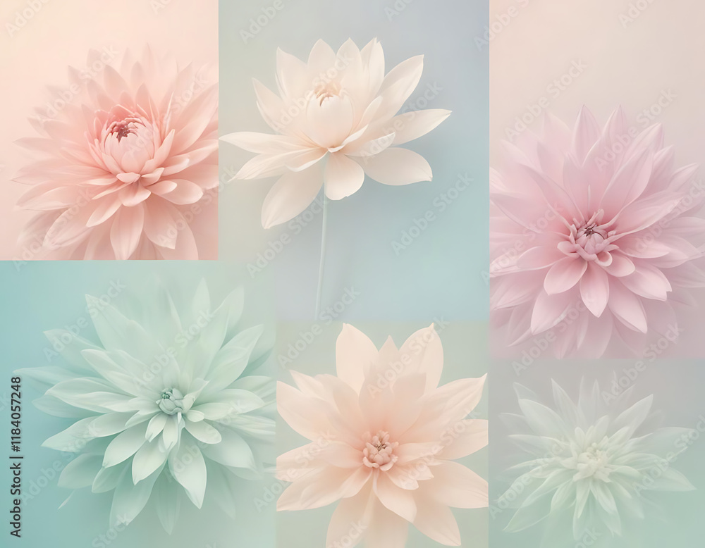 Fototapeta premium Floral-inspired abstract designs in soft pastel shades.