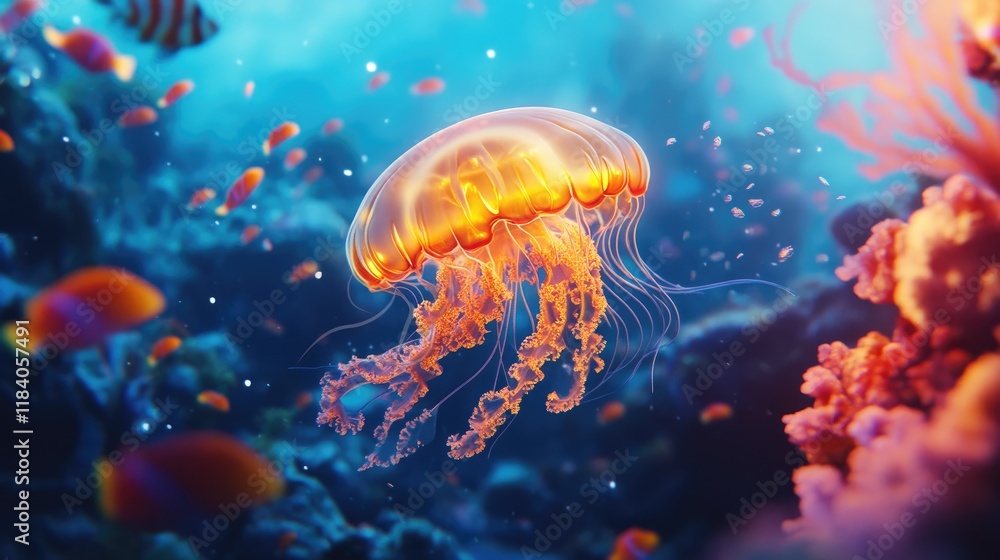 A glowing jellyfish floating serenely in an ocean blue background, surrounded by tiny, colorful fish.