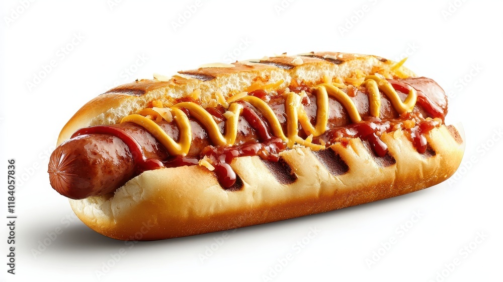 Delicious grilled hot dog in a soft bun topped with savory sausage, ketchup, and mustard for a perfect snack Delicious grilled hot dog in a soft bun topped with savory sausage, ketchup, and mustard for a perfect snack