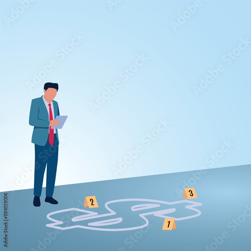 A man writes a report about the money trail at the crime scene. Illustration for corruption investigation, bribery investigation and looking for traces of misappropriation of funds.