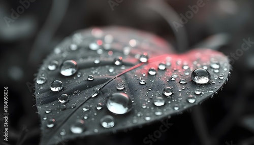 Dew Drops on Dark Leaves in a Black and White Garden Landscape Monochrome Spring