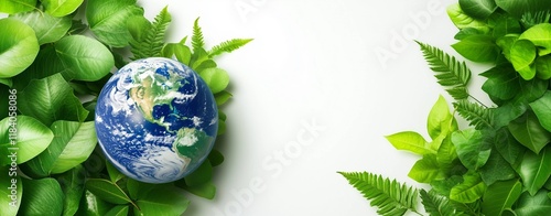 A clean and modern eco-friendly banner design featuring green leaves, a globe, and sustainability icons, suitable for environmental campaigns, green businesses, and eco-awareness promotions. photo