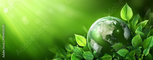 A clean and modern eco-friendly banner design featuring green leaves, a globe, and sustainability icons, suitable for environmental campaigns, green businesses, and eco-awareness promotions. photo