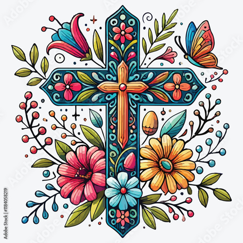 Easter christian cross with floral elements, easter decoration stock illustration