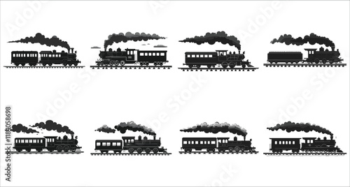 Train icon vector black silhouettes, Set of train silhouettes vector, Set of various train silhouettes icons, Cargo and passenger train silhouettes collection, Train transportation silhouettes vector