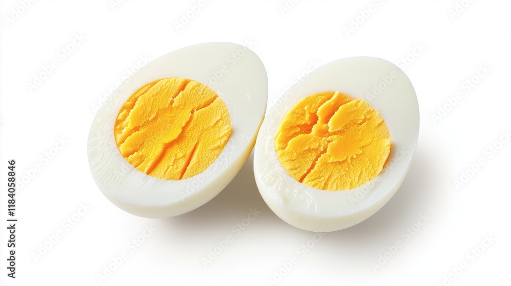 Freshly Cut Boiled Eggs Halved on Bright White Background Freshly Cut Boiled Eggs Halved on Bright White Background