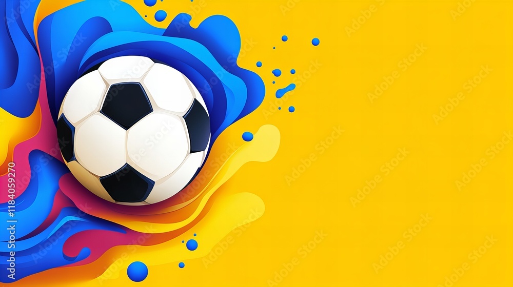Naklejka premium Soccer ball in vibrant blue, yellow, and pink paint splatter. Perfect for sports, excitement, and energy.