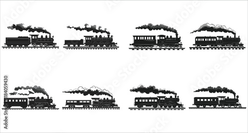 Train icon vector black silhouettes, Set of train silhouettes vector, Set of various train silhouettes icons, Cargo and passenger train silhouettes collection, Train transportation silhouettes vector