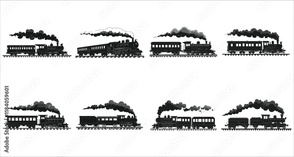 Obraz premium Train icon vector black silhouettes, Set of train silhouettes vector, Set of various train silhouettes icons, Cargo and passenger train silhouettes collection, Train transportation silhouettes vector