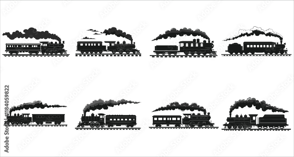 custom made wallpaper toronto digitalTrain icon vector black silhouettes, Set of train silhouettes vector, Set of various train silhouettes icons, Cargo and passenger train silhouettes collection, Train transportation silhouettes vector