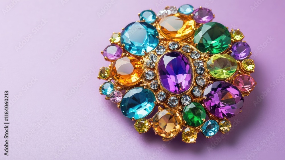 A vibrant brooch with brilliant-colored gems, isolated on a soft and sophisticated color gradient background. A vibrant brooch with brilliant-colored gems, isolated on a soft and sophisticated color gradient background.