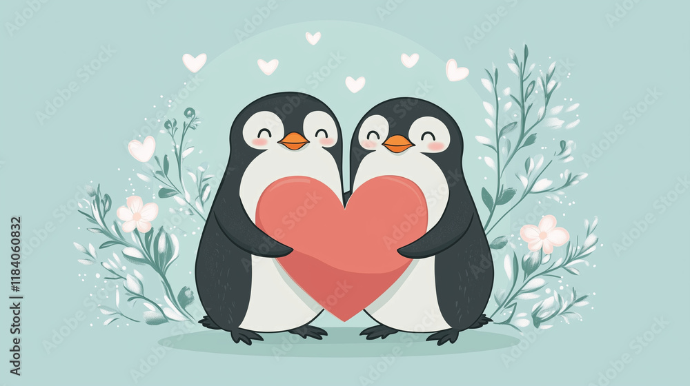 Obraz premium valentines day cartoon penguins holding big red heart together on soft mint background