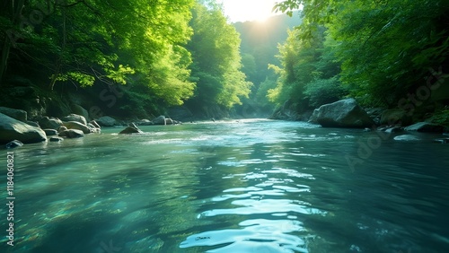 Serene Teal River, Lush Greenery and Pristine Water Conservation Theme photo