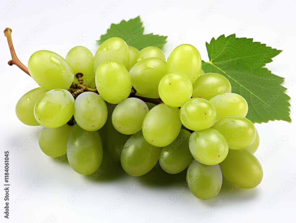 Fresh Green Grapes on White Background with Leaves, Perfect for Health, Nutrition, and Culinary Themes, Emphasizing Natural and Organic Food Choices Fresh Green Grapes on White Background with Leaves, Perfect for Health, Nutrition, and Culinary Themes, Emphasizing Natural and Organic Food Choices