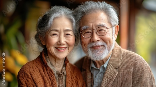 Happy elderly Asian couple portrait, autumn garden, retirement photo