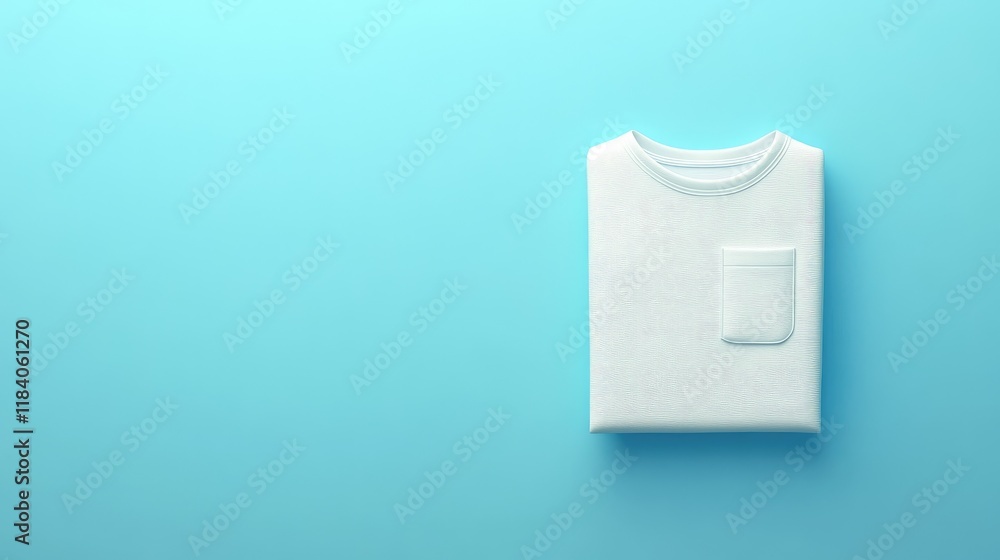 Casual white T-shirt with a pocket, folded neatly on a light blue background, evoking a calm and stylish vibe.