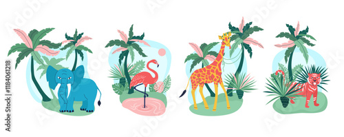 Tropical Wildlife Illustration with Elephant, Flamingo, Giraffe, and Tiger