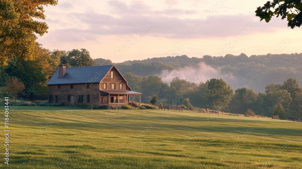 Countryside Elegance: Modern Barnhouse in Open Fields with Warm Wood Accents Under a Soft Pastel Sky Countryside Elegance: Modern Barnhouse in Open Fields with Warm Wood Accents Under a Soft Pastel Sky