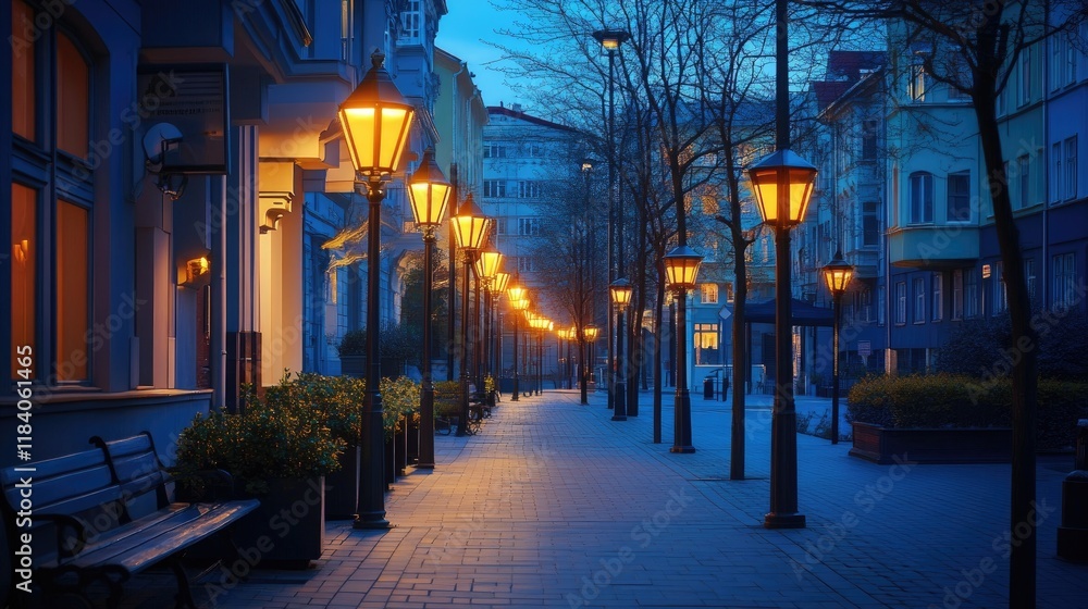 Fototapeta premium City street at night with glowing street lamps lining the sidewalk, creating a peaceful and inviting ambiance.