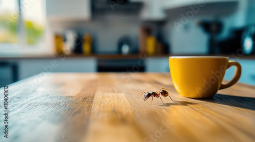 Ant Crawling on Kitchen Countertop with Coffee Cup