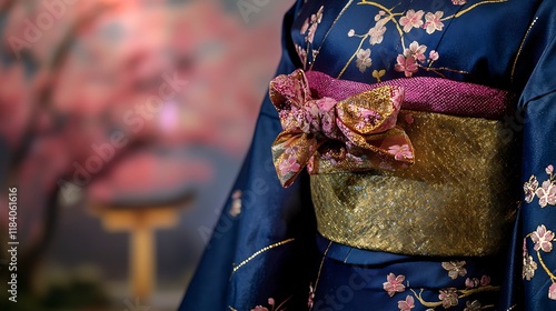 Close-up of a navy blue kimono with pink cherry blossoms and gold obi.
