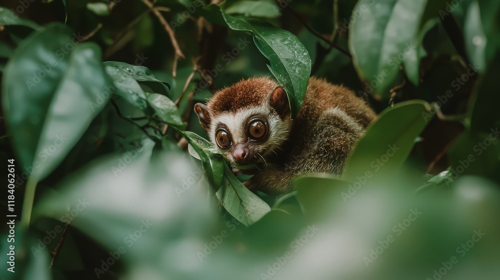 Fototapeta premium A cute slow loris hiding in lush green foliage.