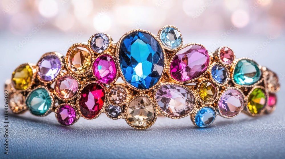 Close-up of a shimmering brooch with bright gemstones, isolated on a smooth, light color background. Close-up of a shimmering brooch with bright gemstones, isolated on a smooth, light color background.