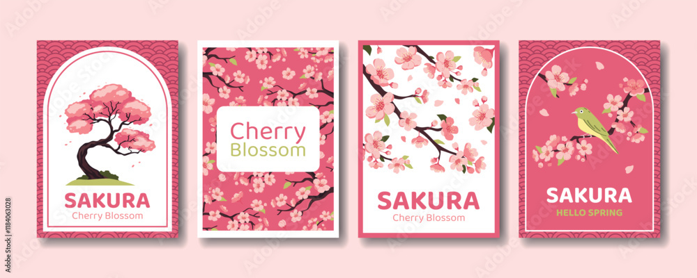 Naklejka premium Cherry Blossom Sakura Greeting Cards Set