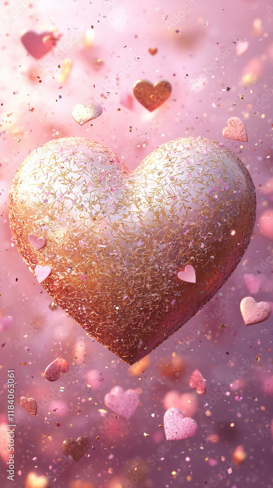 Fototapeta premium Soft Pink Valentine’s Day Wallpaper with Golden Heart and Sparkles