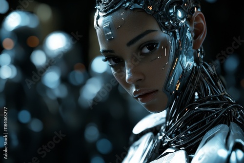 A close-up view of an android displaying a cold, unfeeling face, with a sophisticated system of wires and metal pieces running through its head and neck photo