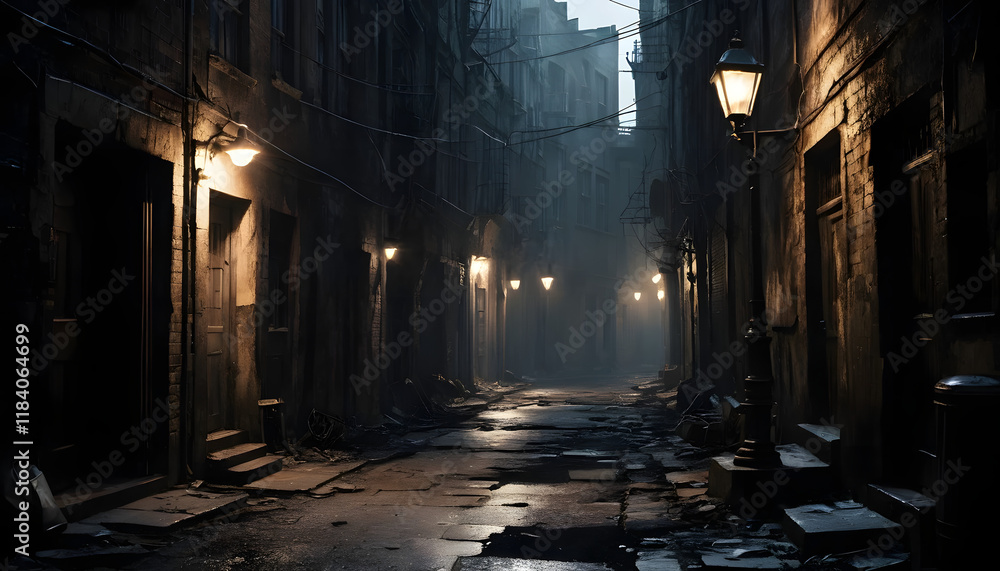 Fototapeta premium Dark, foggy alleyway at night with old buildings and streetlights. (1)