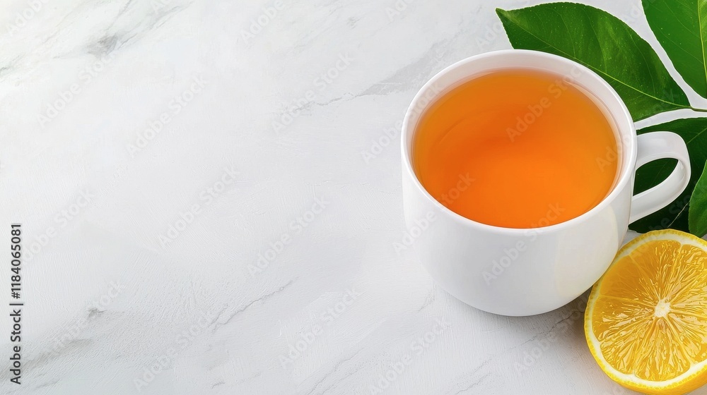 Fresh Lemon Tea in White Cup with Green Leaves and Sliced Lemon Fresh Lemon Tea in White Cup with Green Leaves and Sliced Lemon