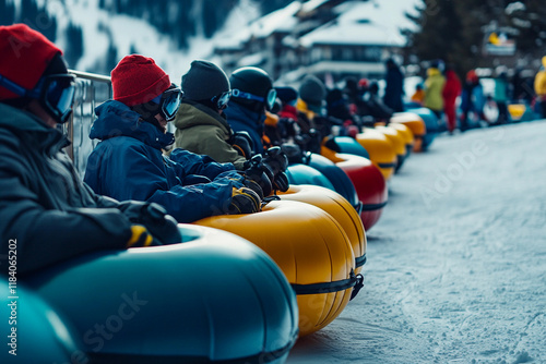 Group of people enjoying winter tubing at a ski resort during evening hours with snow-covered mountains in the background